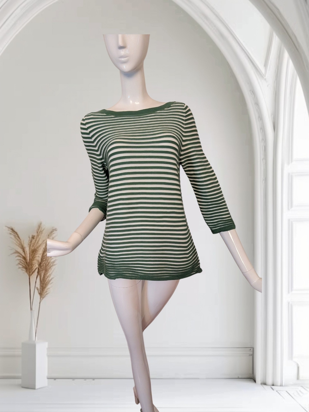 COS Green and Cream Striped Boatneck Long Sleeve Tee